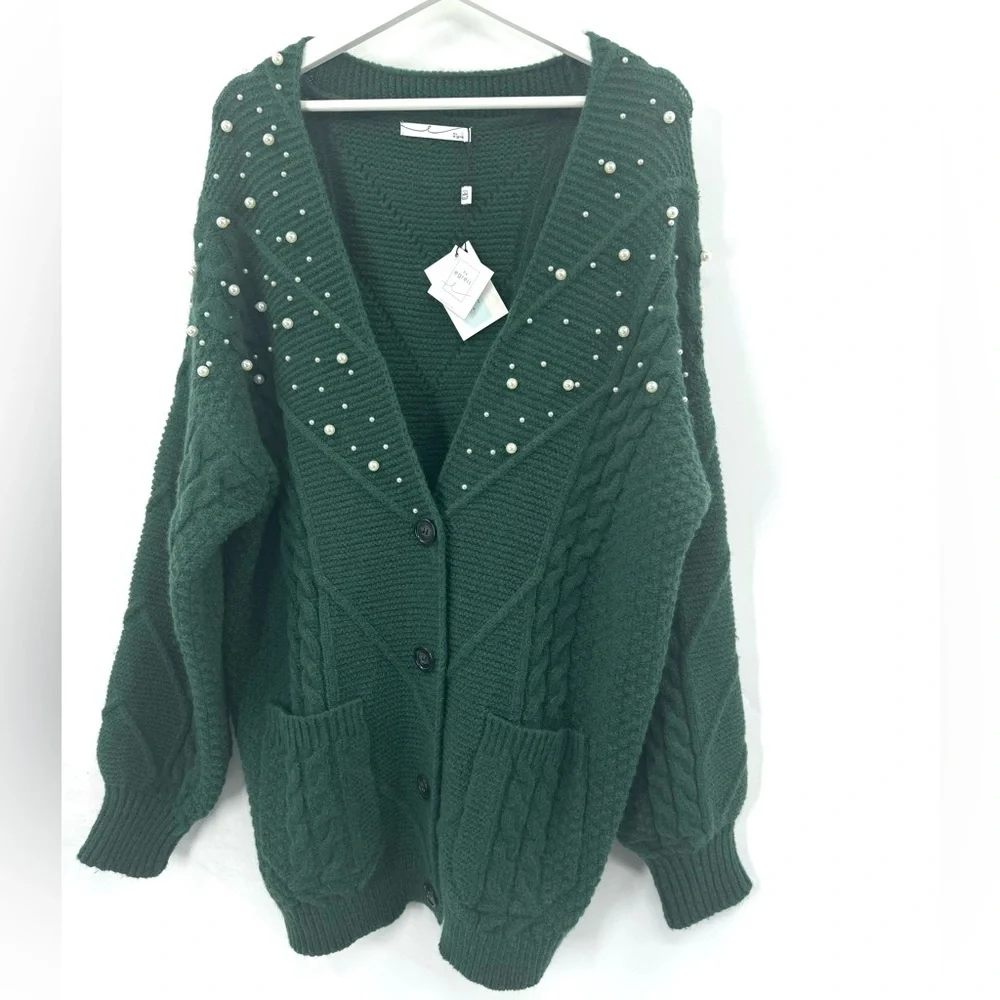 NWT By Egreis Pearl Detail Cable-Knit Button Up Cardigan Forest Green Small